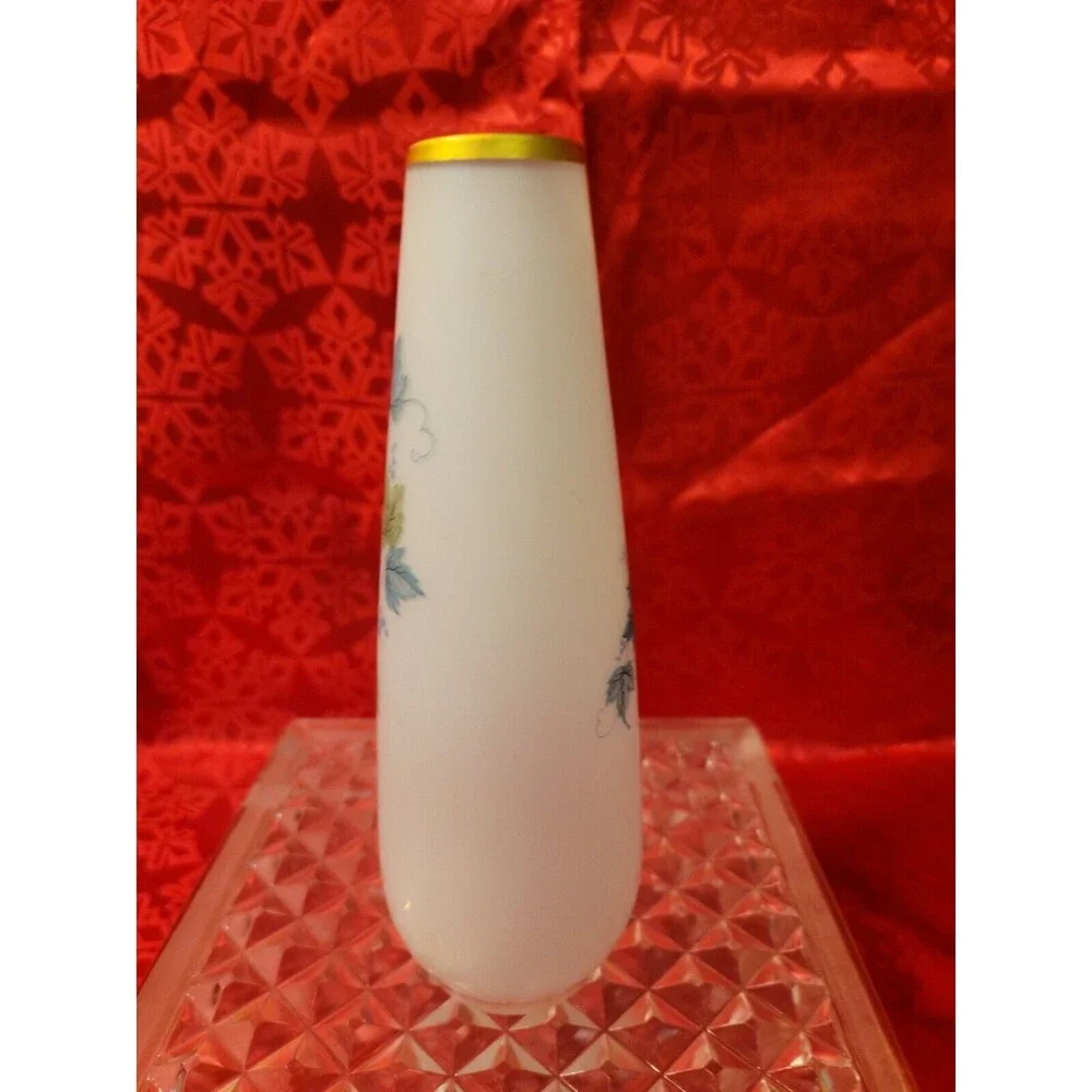 Vintage Fall Frosted Satin Glass Vase Blue Green Gold Leaves Trim Made in Japan
